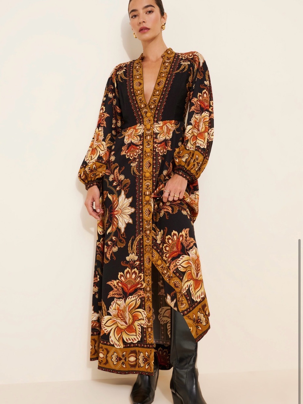 FARM Rio Black Maxi Dress with Mustard and Brown Floral Print